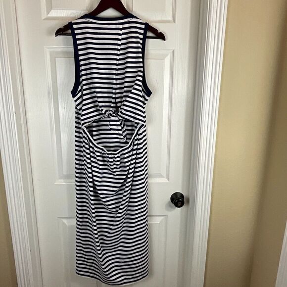 New J Crew Women Sz L Navy White Striped Dress Back Tie Sleeveless Knit Midi R3 - Picture 5 of 11
